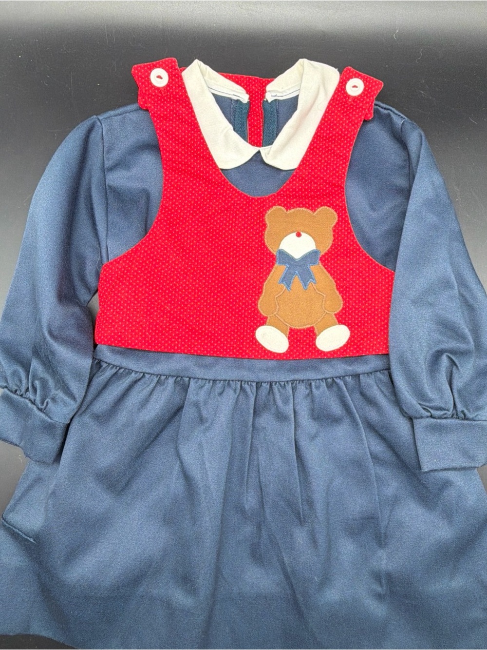 Vintage Chocolate Soup Navy & Red Teddy Appliqué Pinafore Dress 1980’s 2T